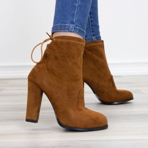 Round Toe Tan Suede Ankle Heeled Boots - Picture 4 of 7